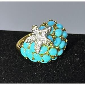 Kenneth Jay Lane Starfish Cocktail Ring Gold Tone Turquoise Crystal Adjustable